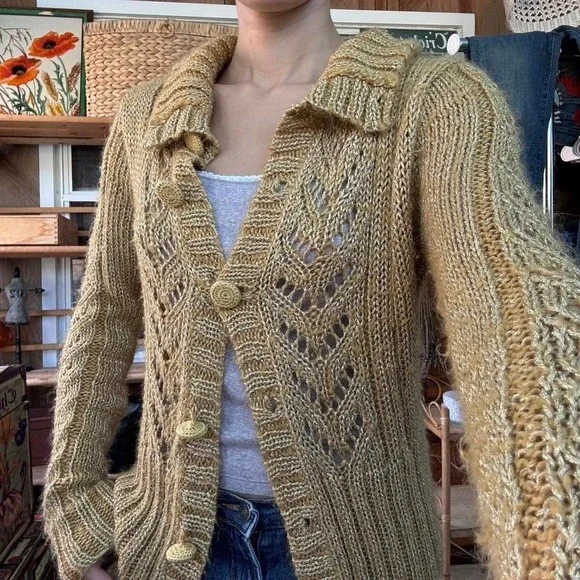 BCBGIRLS Gold Metallic Knit Cardigan Sweater Mustard Yellow Pointelle Button Up - Picture 2 of 8